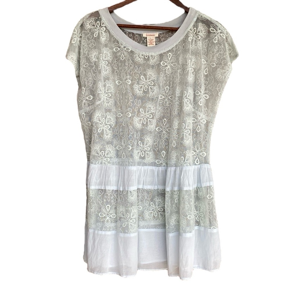 SUNDANCE boho floral sheer lace ruffle romantic cottagecore tunic top size LARGE
